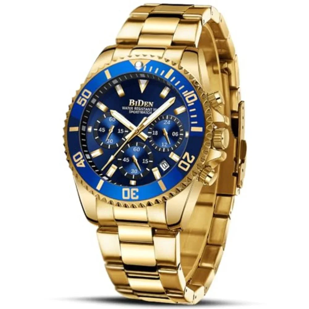 Mens Watches‎ Chronograph Gold Blue Stainless Steel Waterproof